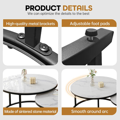 ZL ZELing White Nesting Coffee Table Set of 2, 27'' Round Coffee Table Sintered Stone Top & Metal
