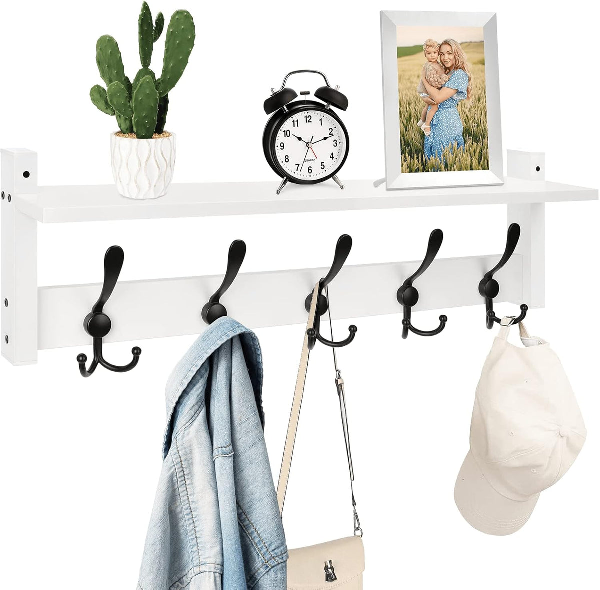 Homode Wall Shelf with Hooks, 24 Inch Coat Rack with Tri Hooks, Farmhouse Entryway Floating Coat