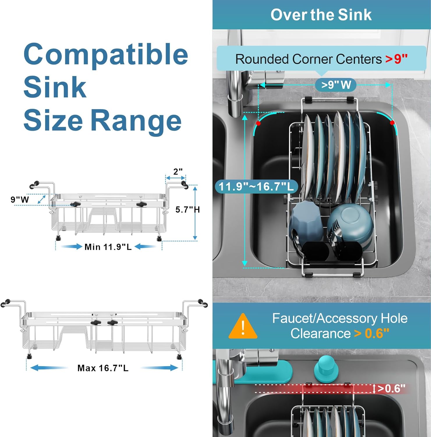 GSlife Expandable in Sink Small Dish Drying Rack - Stainless Steel Capacity Adjustable Over The