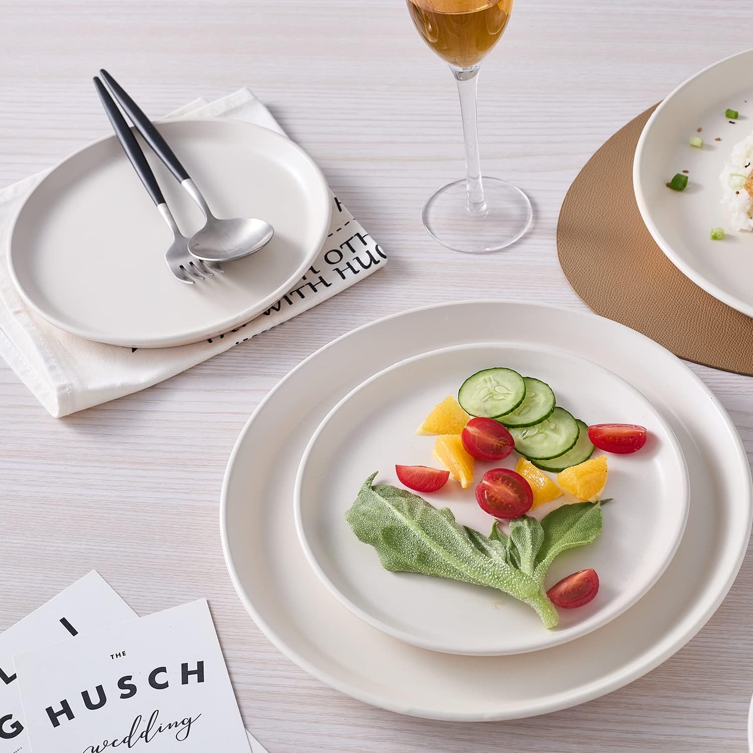 Stone Lain Jules Stoneware Dinnerware, Plates and Bowls, Dish Set for 4, Off White, Microwave &