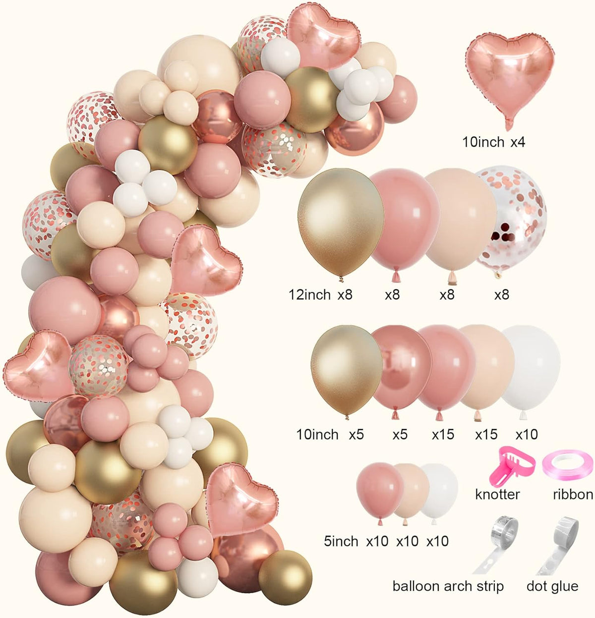 Amandir 153Pcs Boho Blush Balloon Garland Arch Kit, Double-Stuffed Nude Cream Peach Dusty Rose Pink