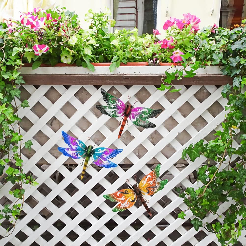 Metal Dragonfly Wall Decor, 3 Pack Colorful Dragonfly Outdoor Decor, Metal Outdoor Wall Art for