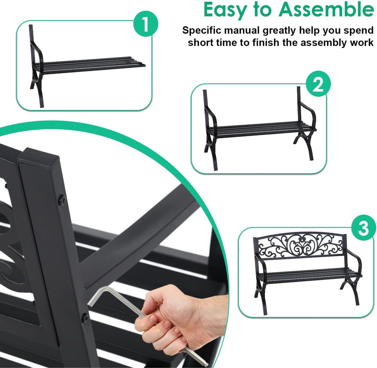 FDW Outdoor 50 Inches Garden Bench, Slatted Seat Armrests Floral Design Backres and Arch Legs