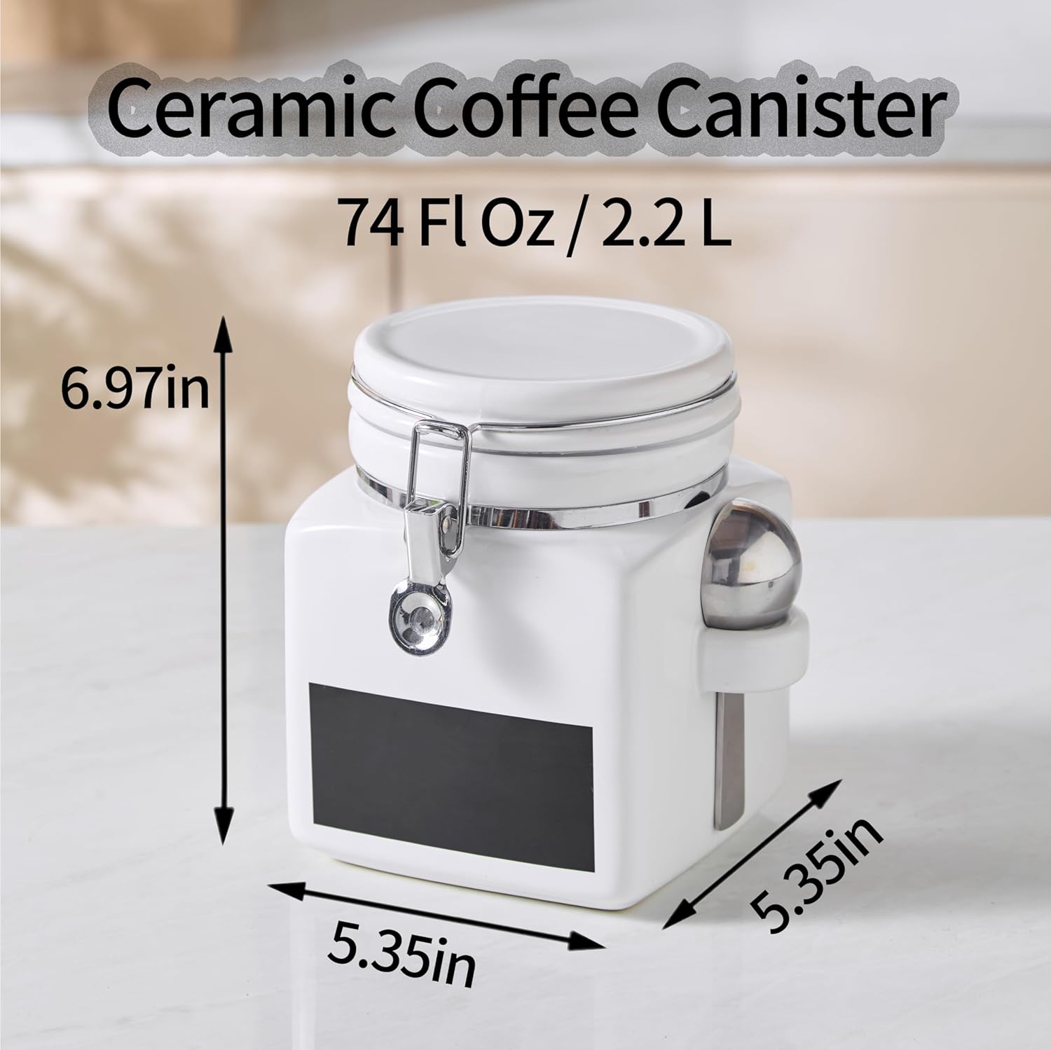 Ceramic Coffee Canister with Airtight Lid and Scoop, Large 74 Fl Oz / 2.2 L Kitchen Food Storage