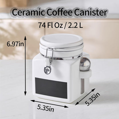 Ceramic Coffee Canister with Airtight Lid and Scoop, Large 74 Fl Oz / 2.2 L Kitchen Food Storage