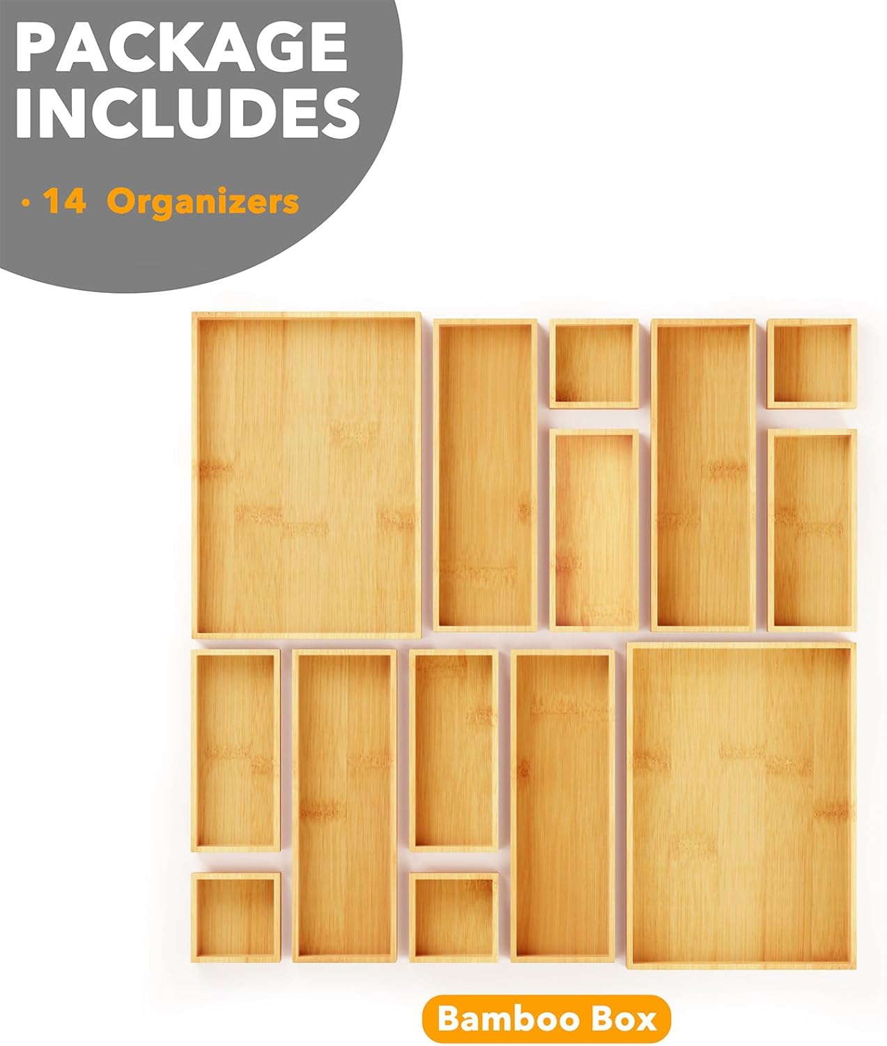 SpaceAid 14-Piece Bamboo Drawer Organizer Storage Boxes Set, Wood Tray Junk Drawer Organizers