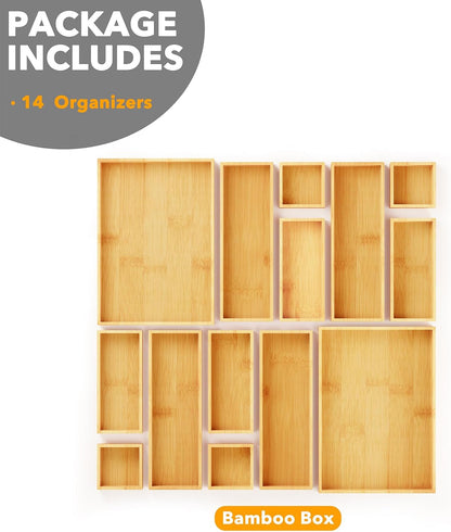 SpaceAid 14-Piece Bamboo Drawer Organizer Storage Boxes Set, Wood Tray Junk Drawer Organizers