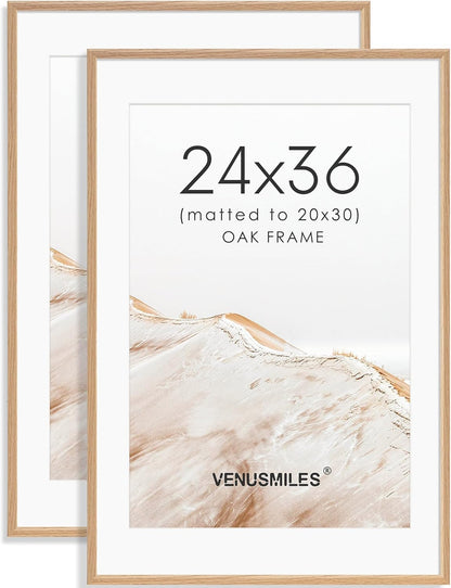 24x36 Poster Frame Set of 2 Natural Solid Oak Photo Frames with 20x30 Removable Mat Wall Hanging