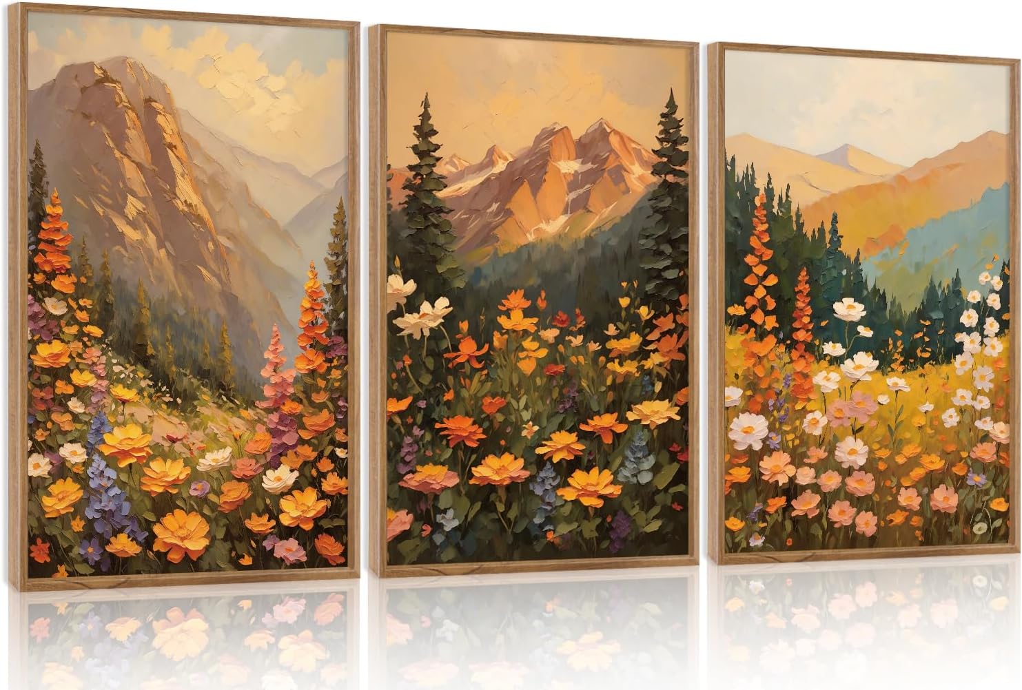Aurlan Boho Mountain Sunset Landscape Framed Wall Art(16"x24"), 3PCS Large Wildflowers Meadow