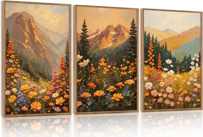 Aurlan Boho Mountain Sunset Landscape Framed Wall Art(16"x24"), 3PCS Large Wildflowers Meadow