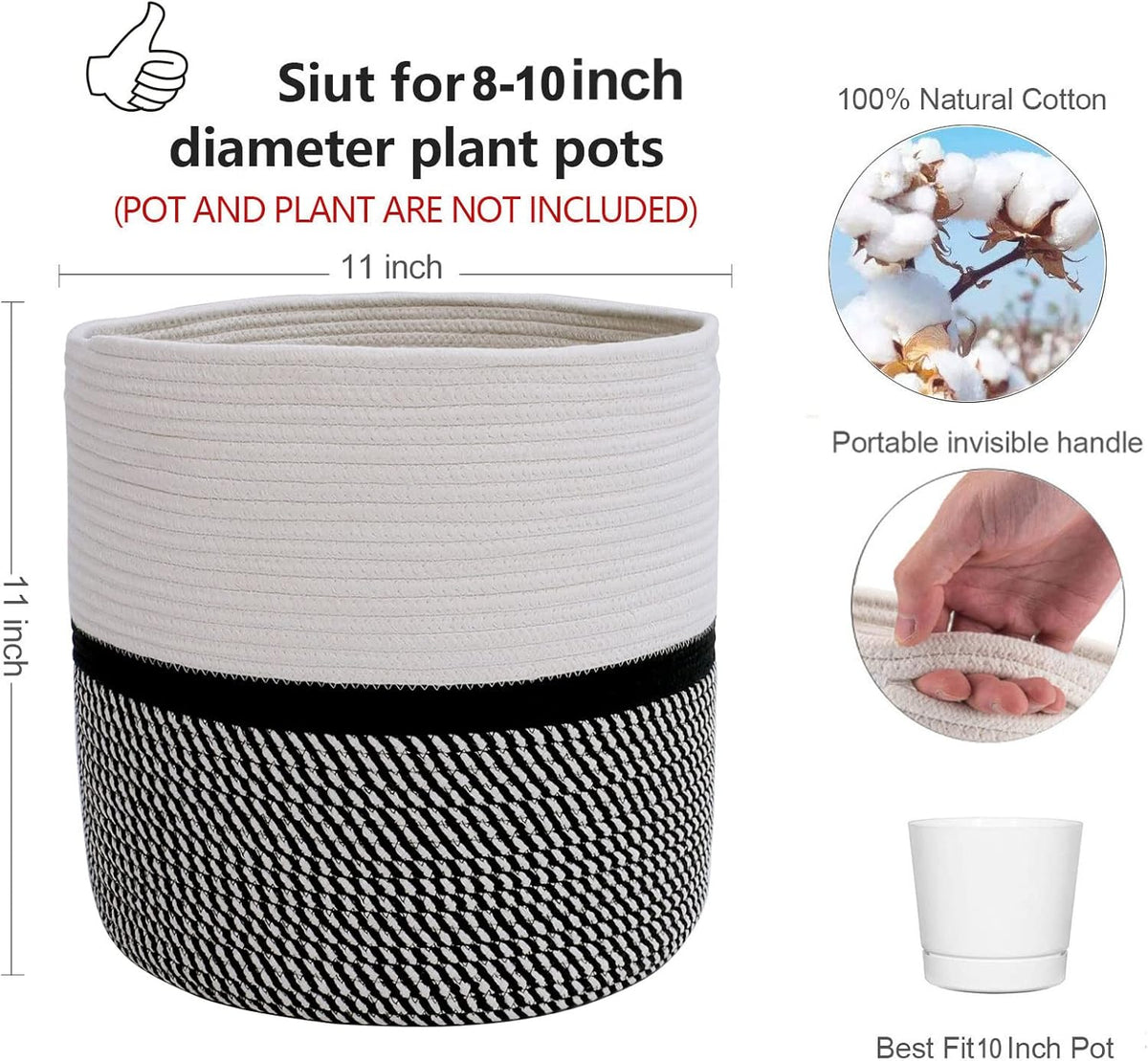 Cotton Rope Plant Basket Modern Woven Basket for 10" Flower Pot Floor Indoor Planters,Storage