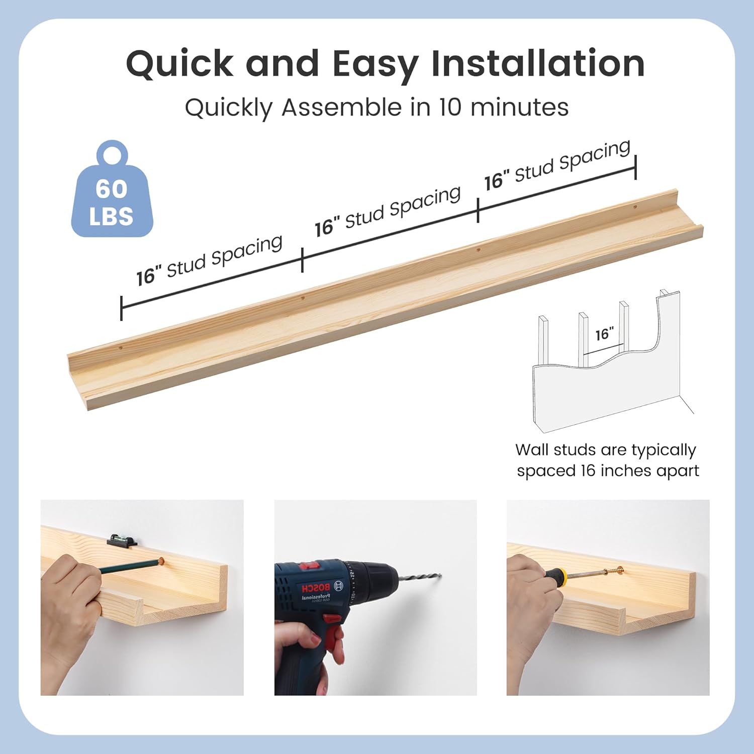 Picture Ledge Shelf, Floating Shelves Set of 2, Solid Pine Wood 55'' Long Large Nursery Book