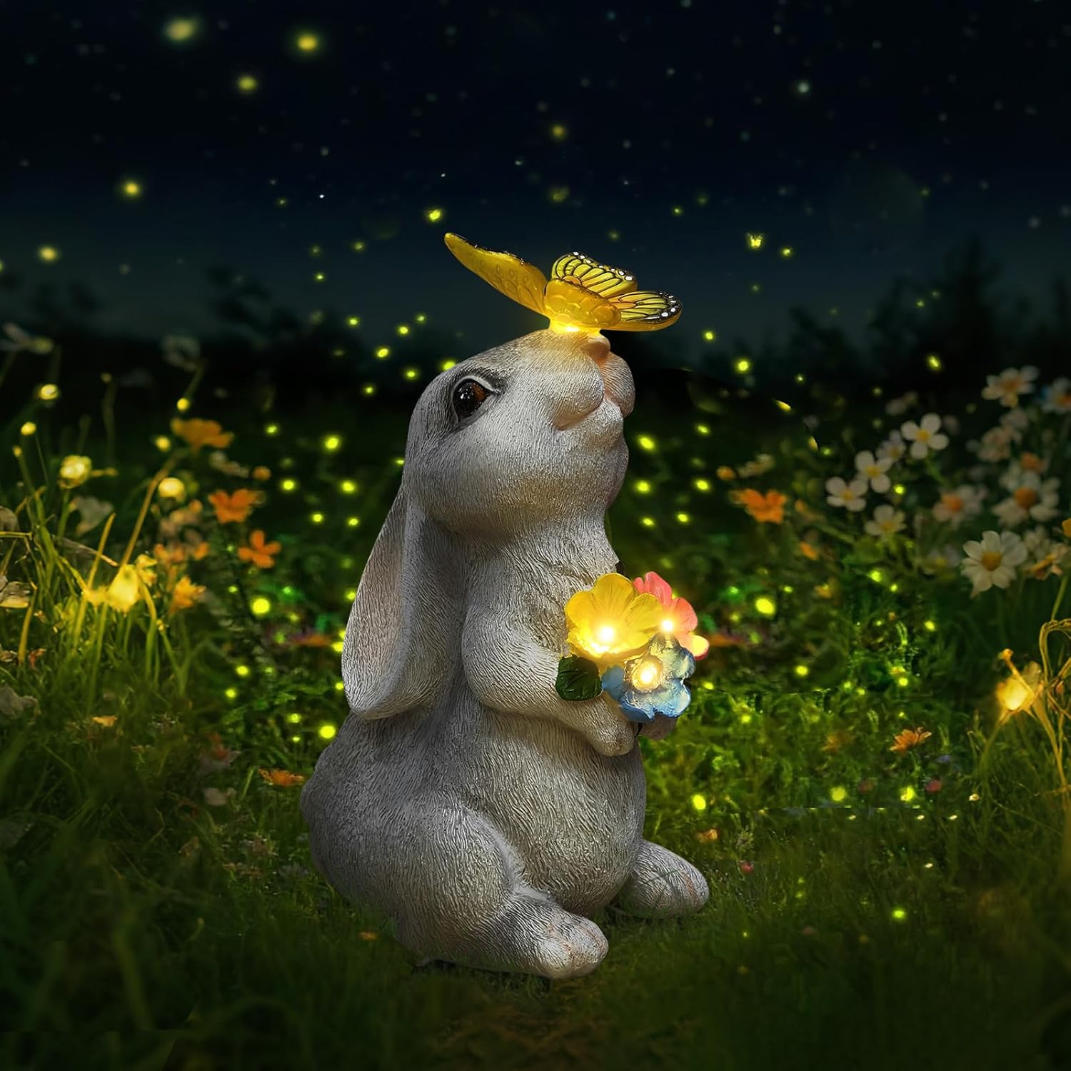 Solar Bunny Statues Light with Butterfly LED - Auto On/Off Weathproof Resin Garden Figurine Decor