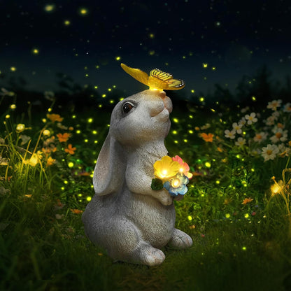 Solar Bunny Statues Light with Butterfly LED - Auto On/Off Weathproof Resin Garden Figurine Decor