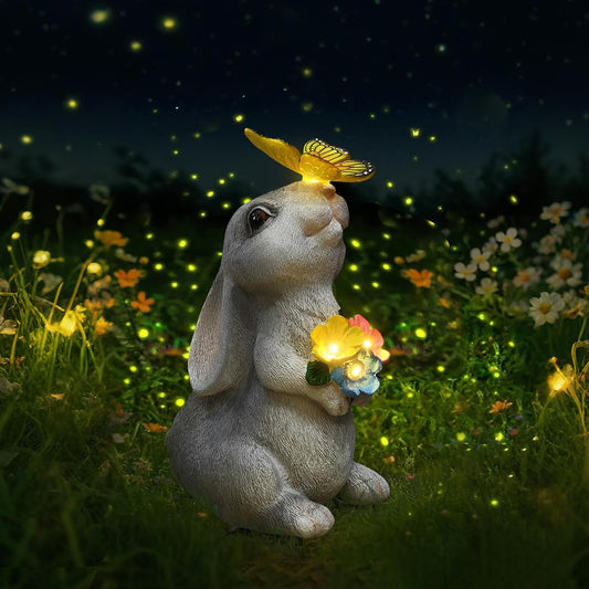 Solar Bunny Statues Light with Butterfly LED - Auto On/Off Weathproof Resin Garden Figurine Decor