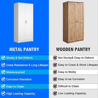 60" Tall Kitchen Pantry Cabinet, Metal Pantry Cabinet with Doors and Adjustable Shelves, White