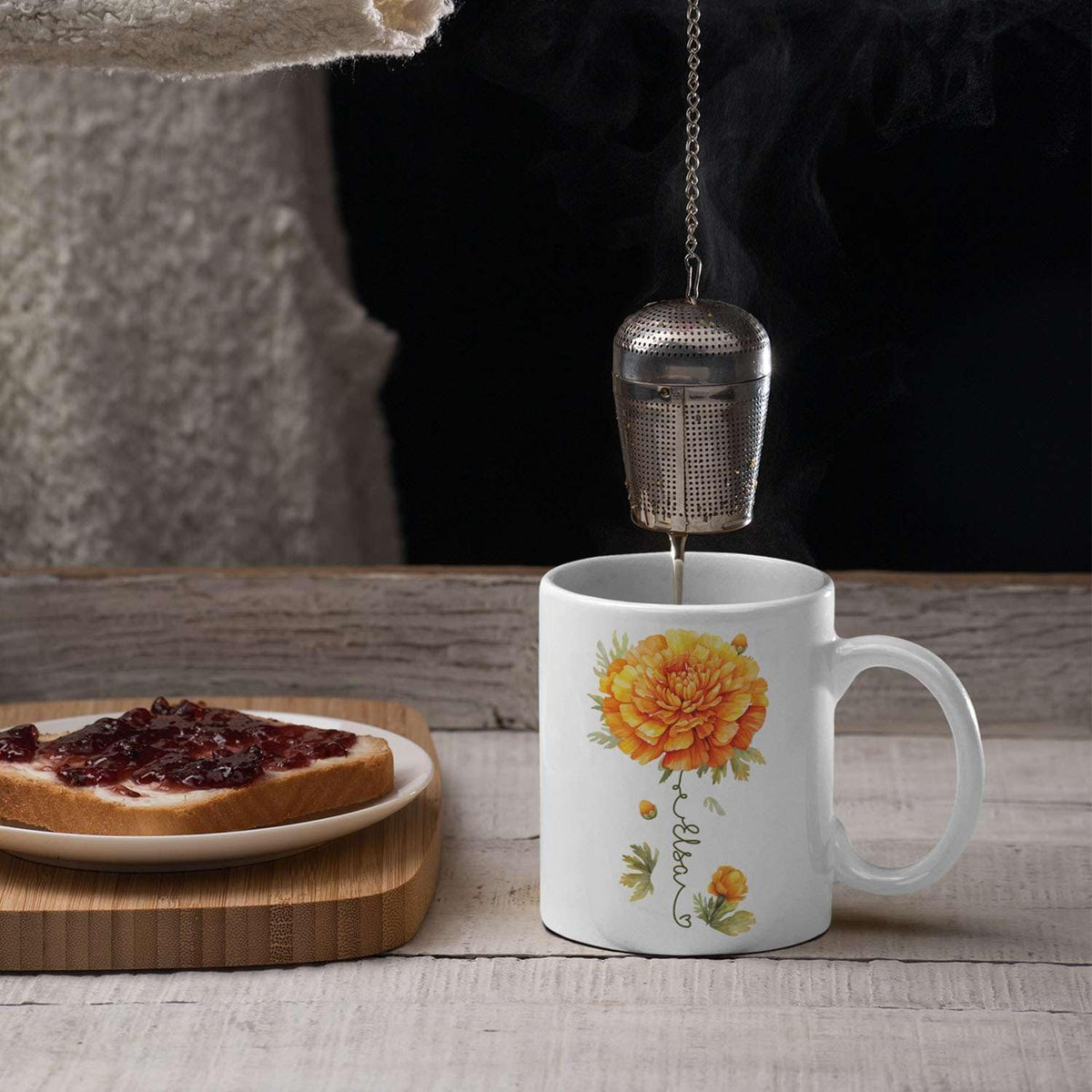 Unique Marigold Themed Ceramic Mug, Personalized Name Flower Accent Cup, Lovely Floral Coffee Mug