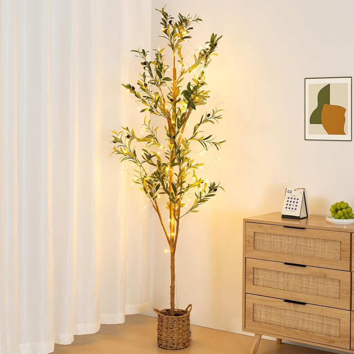 6ft Artificial Olive Tree with LED Fairy Lights, Tall Faux Potted Plant with Woven Basket - Natural