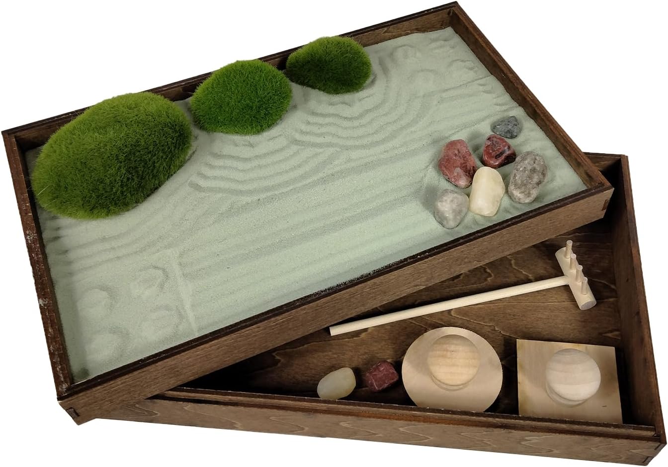 Wooden Stackable Zen Garden | Palo Verde Sand with Rake & Accessories | Minimalist Decor for