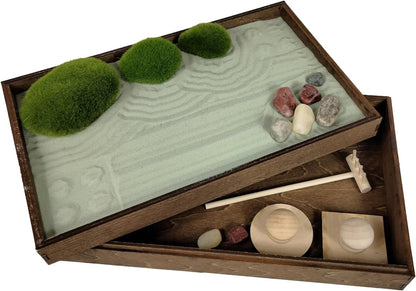 Wooden Stackable Zen Garden | Palo Verde Sand with Rake & Accessories | Minimalist Decor for
