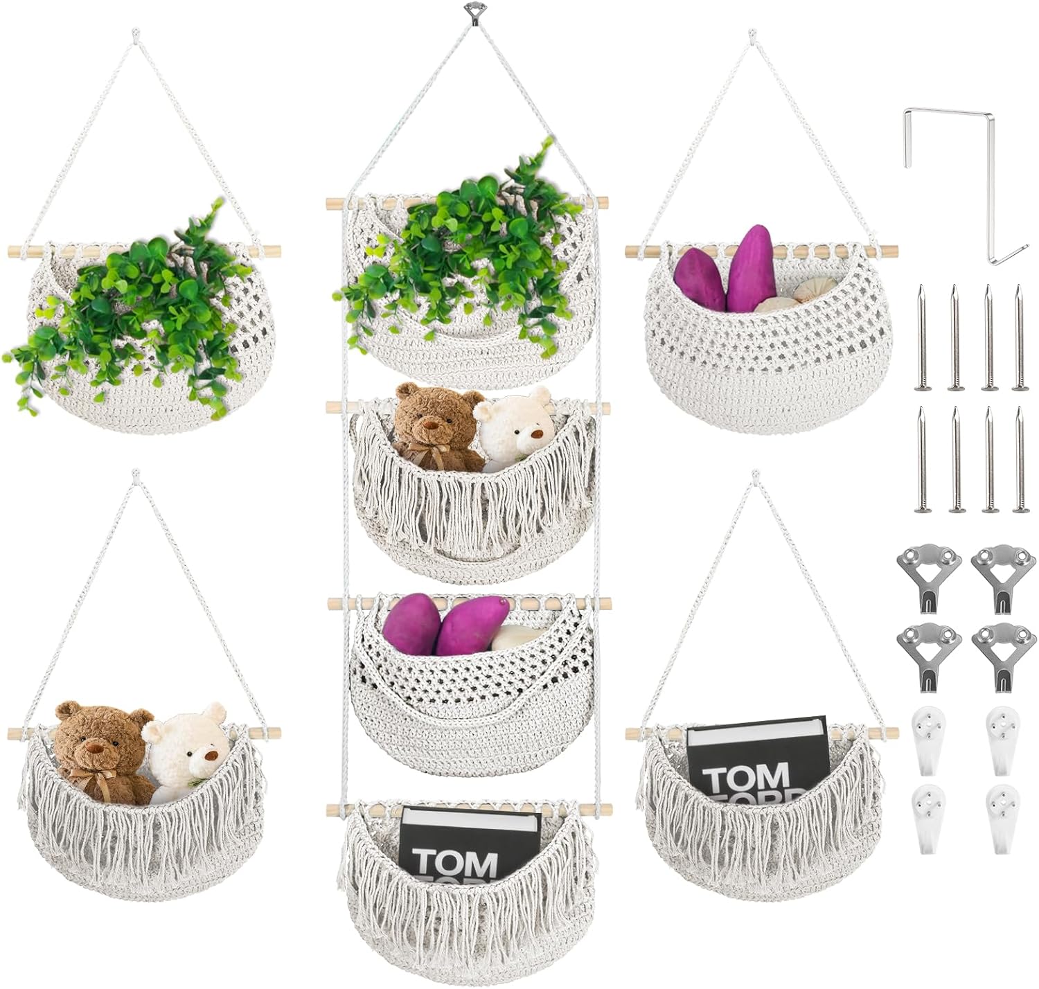 4 Tier Hanging Fruit Basket for Kitchen, 4 Pack Detachable Cotton Crocheted Wall Hanging Baskets