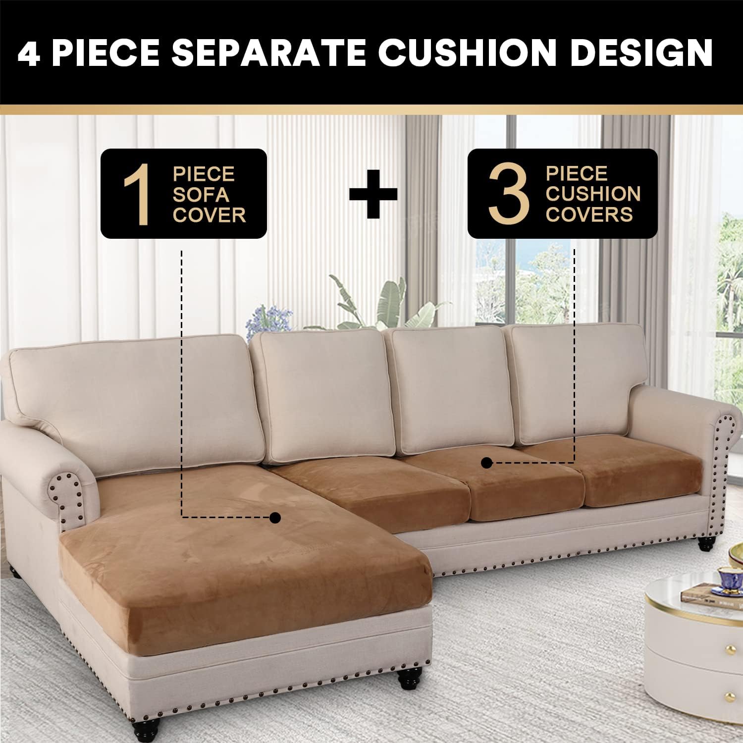 PrinceDeco Sectional Couch Covers 4 Pieces Couch Covers for Sofa Velvet Separate Couch Cover L
