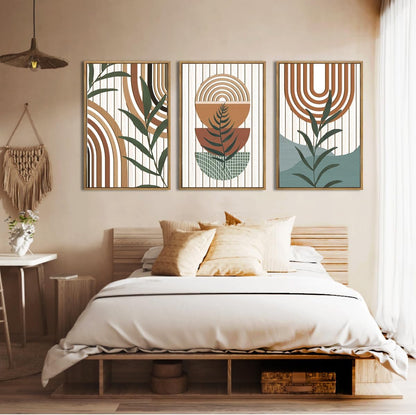Large Boho Mid Century Wood Wall Art Set,Modern Geometric Leaves Artwork Bohemian Wall