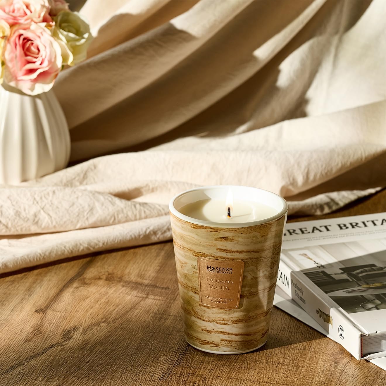 M&SENSE TobaccoVanilla Scented Candles for Home, Lead-Free Wick Highly Scented Jar Candles, 14.1 Oz