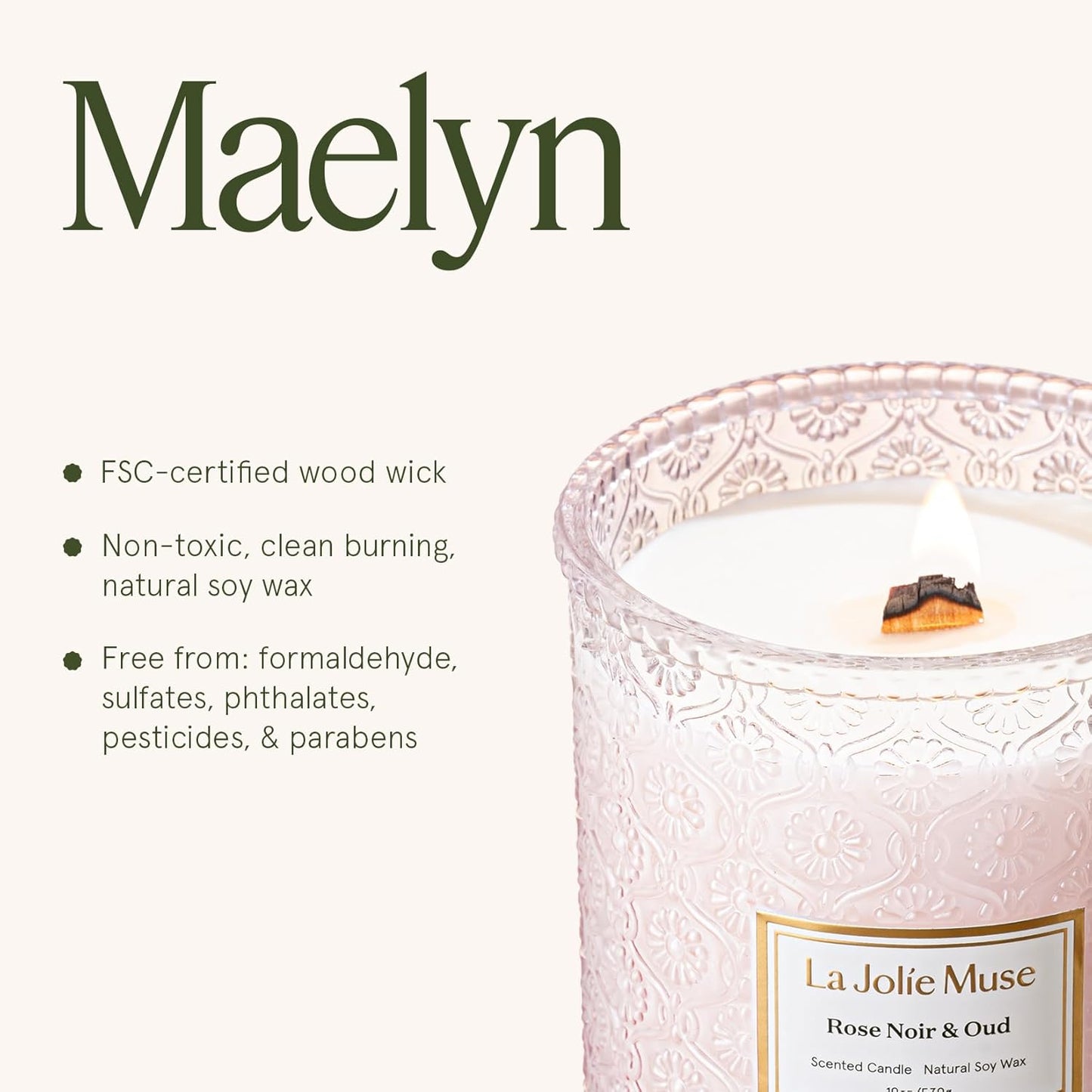 LA JOLIE MUSE Rose Noir & Oud Scented Candle – Lemon, Rose & Oud |19 oz Large Wooden Wick Candle |
