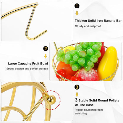 Livabber Countertop Fruit Basket Bowl with Banana Hanger, Modern Standing Fruit Vegetable Bowl