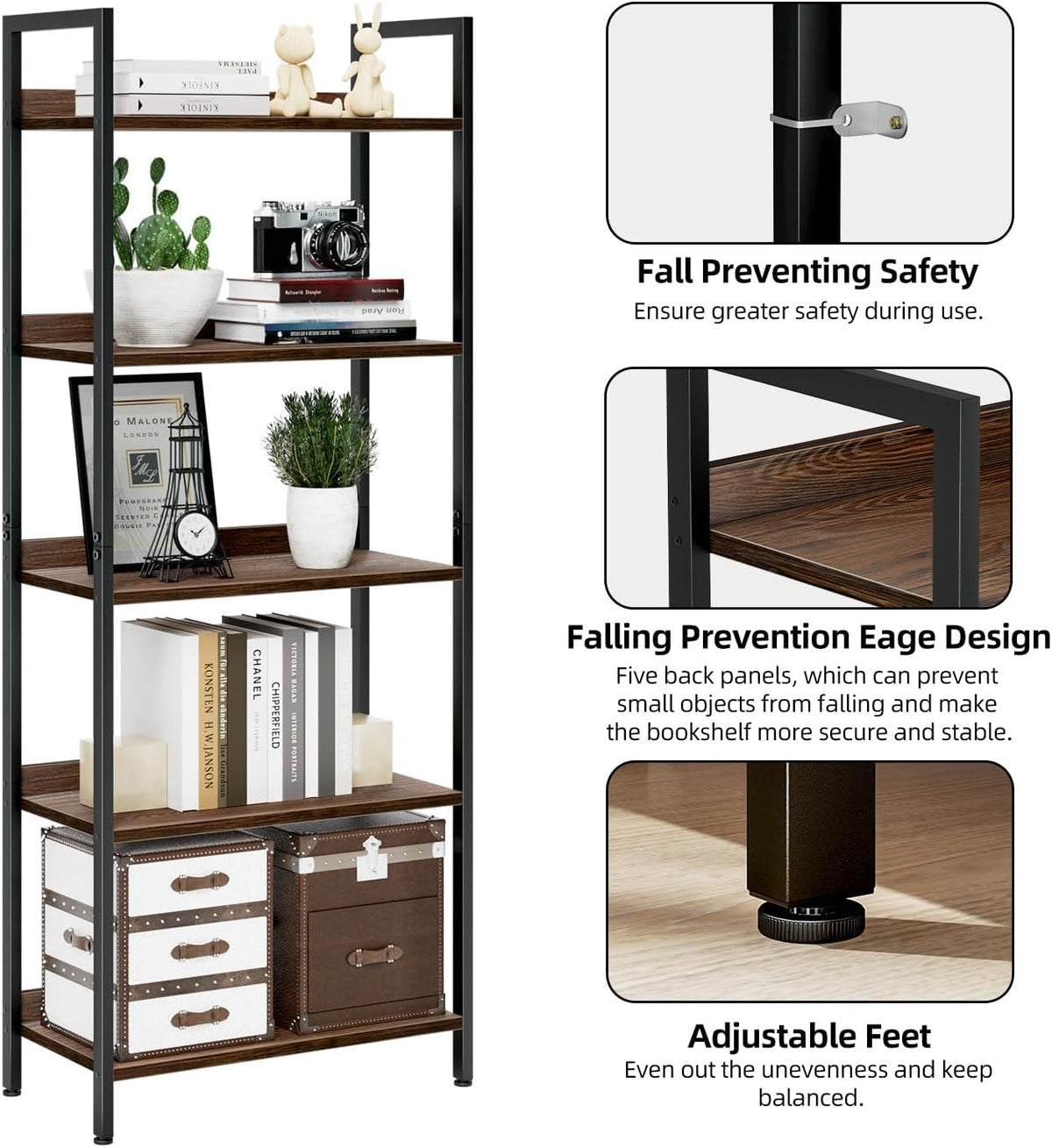 NUMENN Bookshelf, 5 Tier Bookshelves, Home Office Bookcase Shelf Storage Organizer, Free Standing