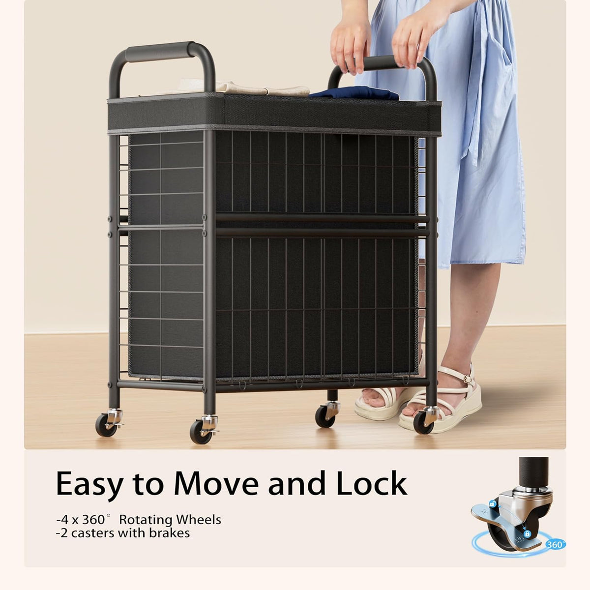 Laundry Hamper 2 Section, 110L Rolling Laundry Sorter Basket with Wheels, 2 Compartment Clothes