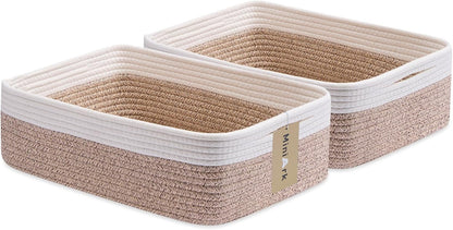 Large Shallow Organizing Baskets 15x11x5.1 Inches - Rope Woven Storage Bins for Bathroom, Shelves