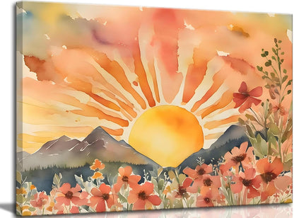 Boho Sun Canvas Wall art Mid-Century Modern Abstract Bohemian Sunset in The Mountains Watercolor
