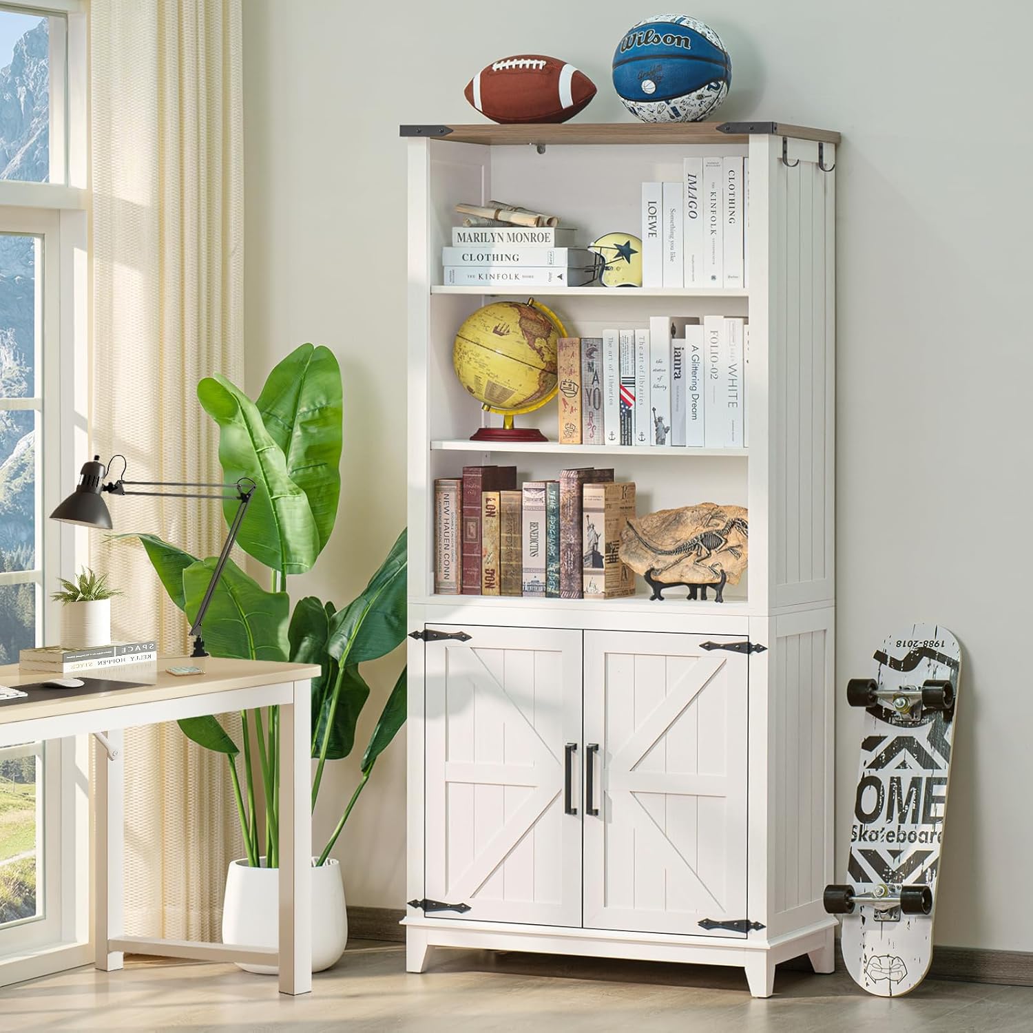 70in Tall Bookshelf 5 Tier Bookcase with Barn Doors and Storage Cabinet, White Farmhouse Book Shelf