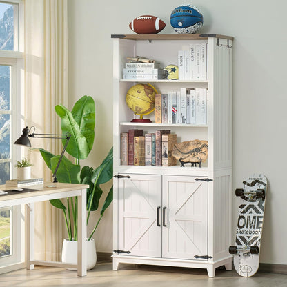 70in Tall Bookshelf 5 Tier Bookcase with Barn Doors and Storage Cabinet, White Farmhouse Book Shelf