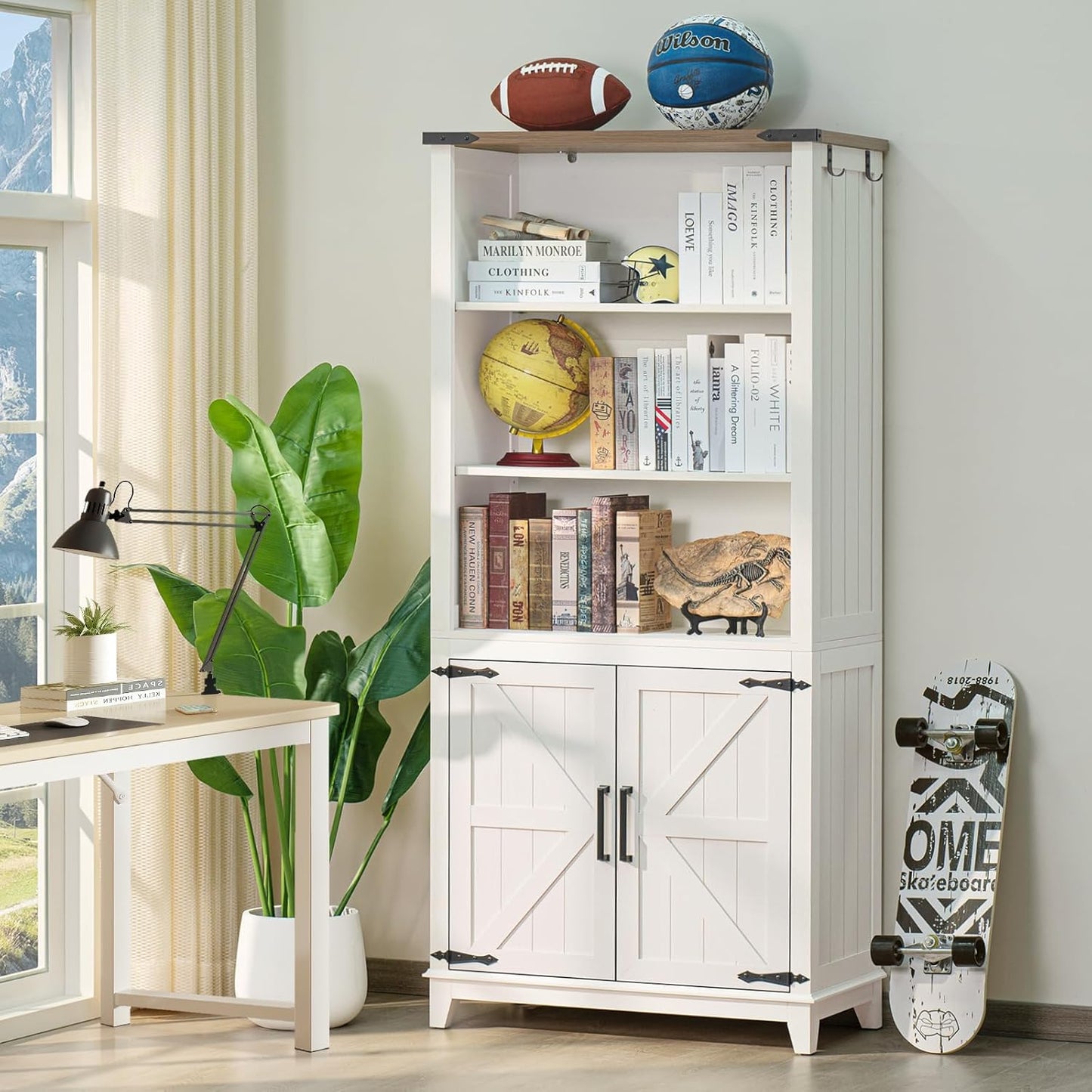 5 Tier Bookshelf 70in Tall Bookcase with Barn Doors and Storage Cabinet, White Farmhouse Book Shelf