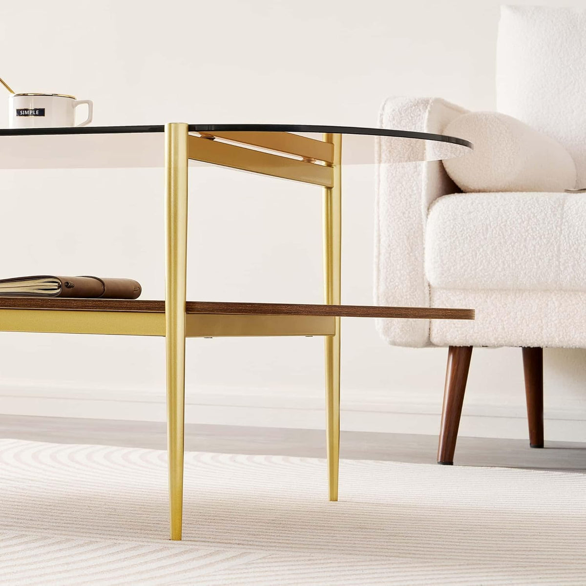 Oval Glass Coffee Table, Mid-Century Modern Design, L41 x W21 x H17 inch, for Living Room, 2-Tier