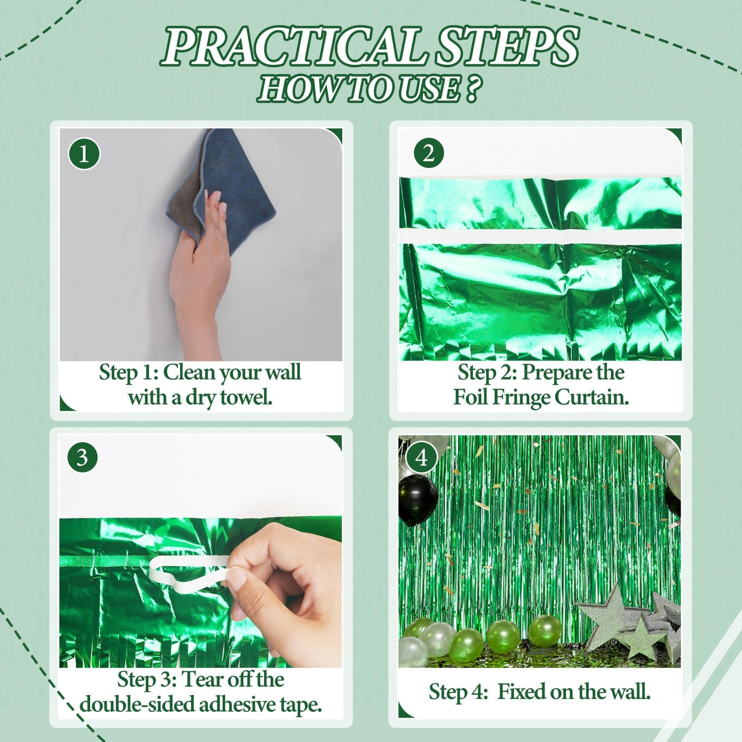 3 Pack Foil Fringe Backdrop - Green Shiny Tinsel Curtains for Party Decoration/Photo Booth Props