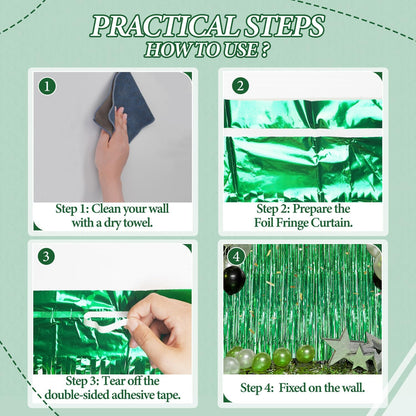 3 Pack Foil Fringe Backdrop - Green Shiny Tinsel Curtains for Party Decoration/Photo Booth Props