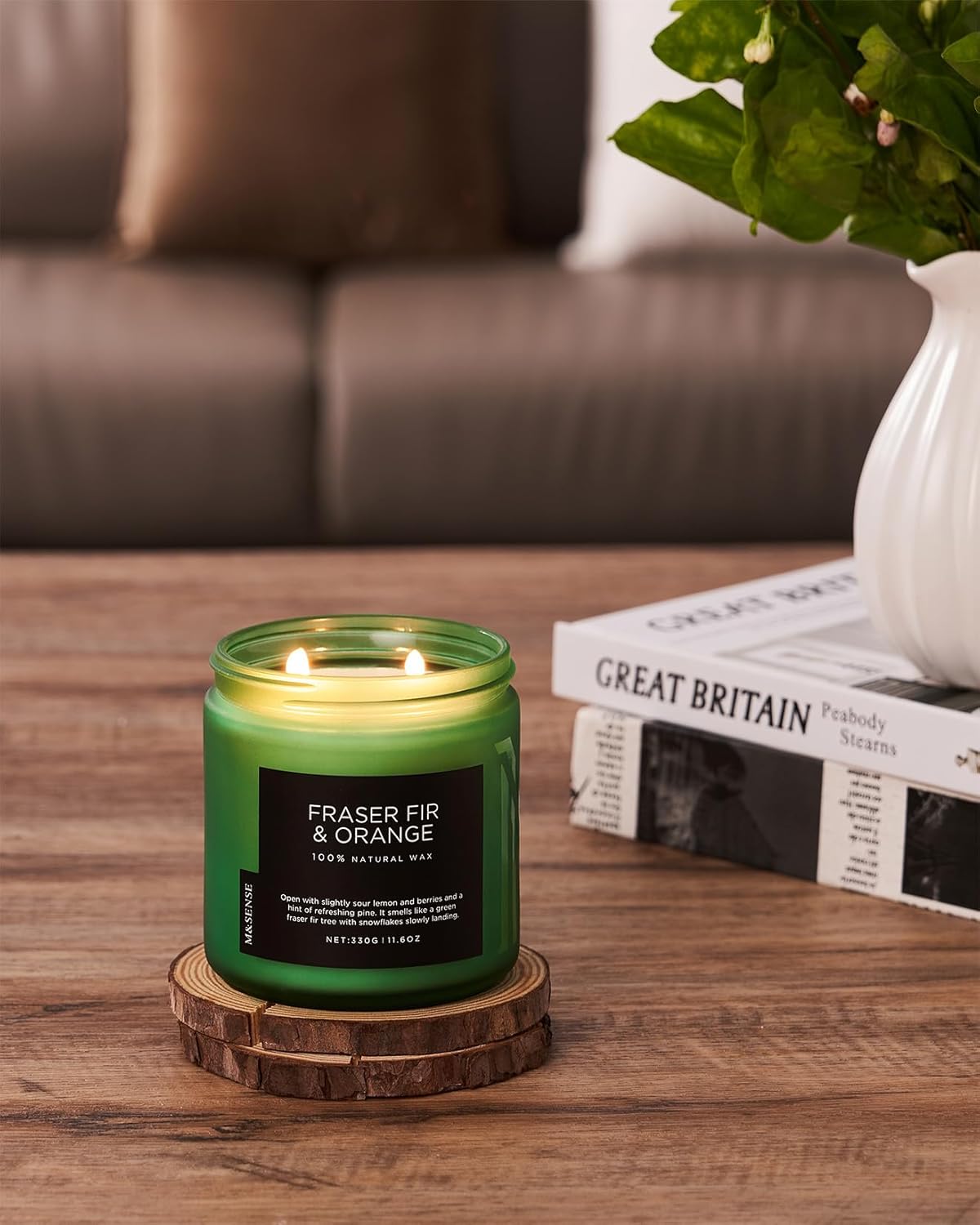 M&SENSE Fir & Orange Scented Candle, 11.6oz Soy Wax Non Toxic for Home Up to 70 Hours, 2 Cotton