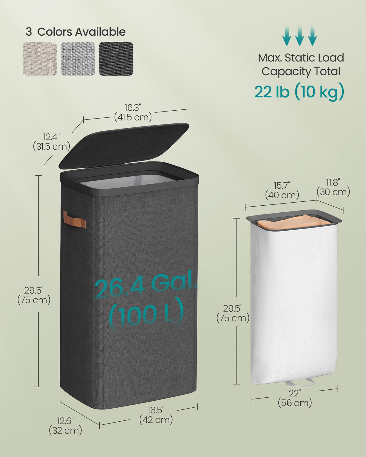 SONGMICS Laundry Basket, 26.4 Gal. Laundry Hamper, Easy Assembly, with Lid and Handles, Removable