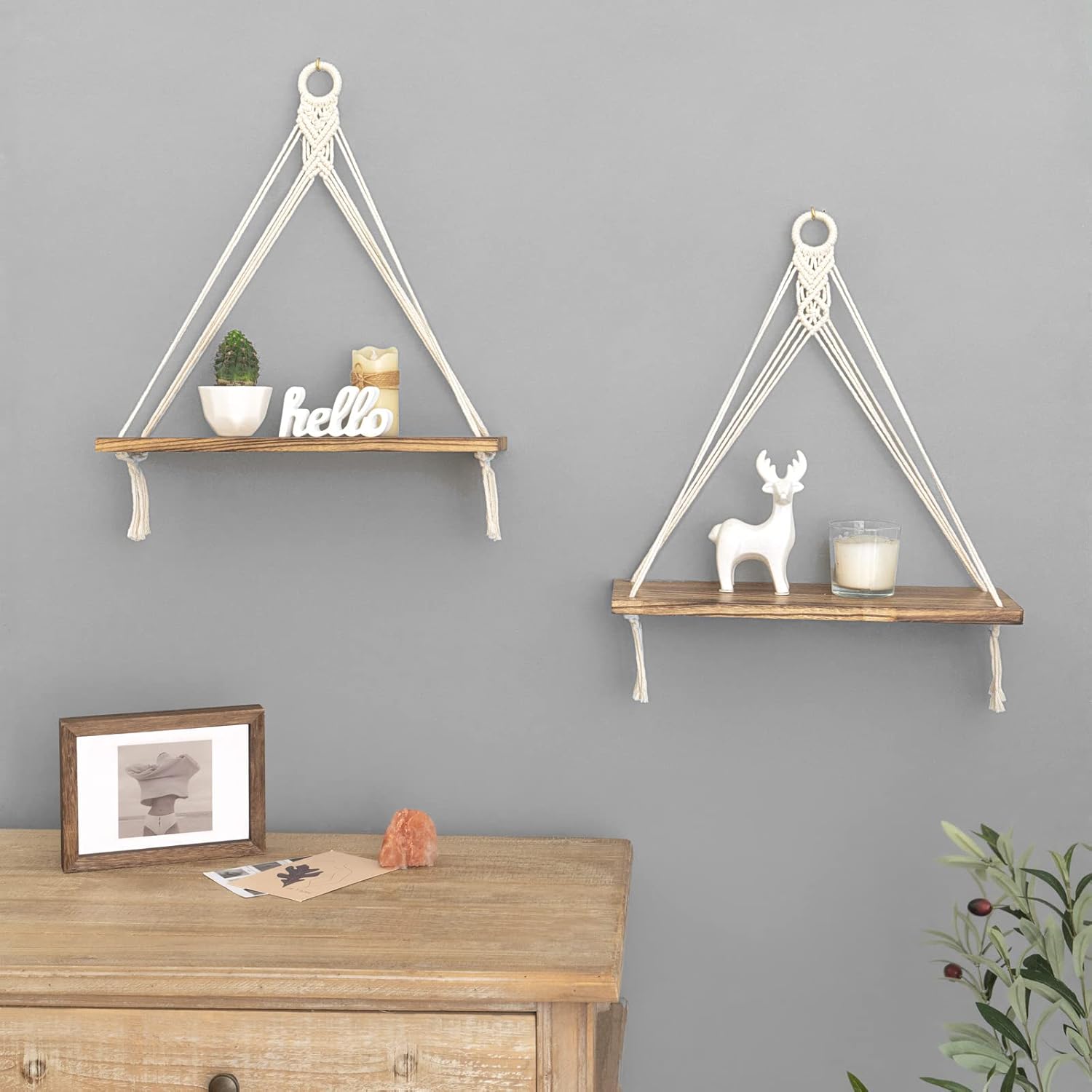 Mkono Macrame Hanging Shelves Boho Wall Decor Set of 2 Rustic Wood Floating Storage Shelf for