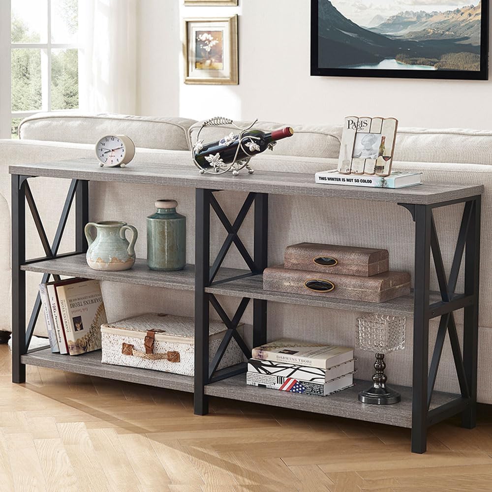 LVB Industrial Entryway Table, Farmhouse Rustic Console Table Behind Couch, Long Metal Wooden Sofa