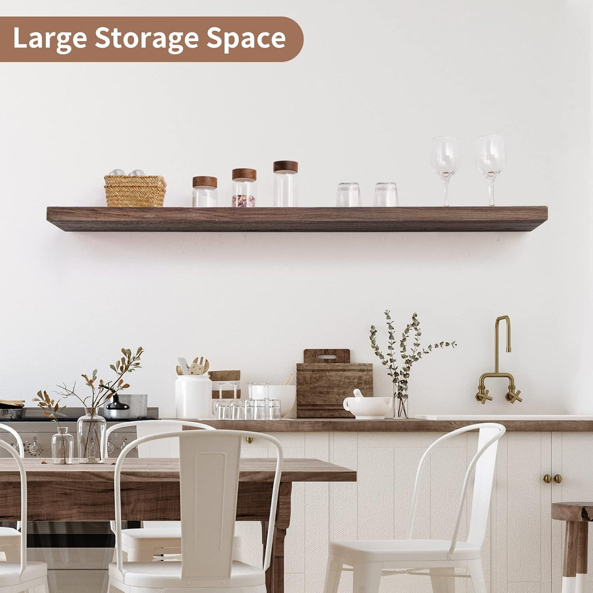 Axeman Floating Shelves for Wall, Rustic Elm Wood 48'' x 8" Deep Wall Shelf with Invisible Bracket