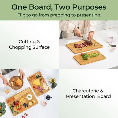 Chopping Board 2-Pcs Natural Bamboo Cutting Board With Juice Channels & Knife-Friendly Finish For