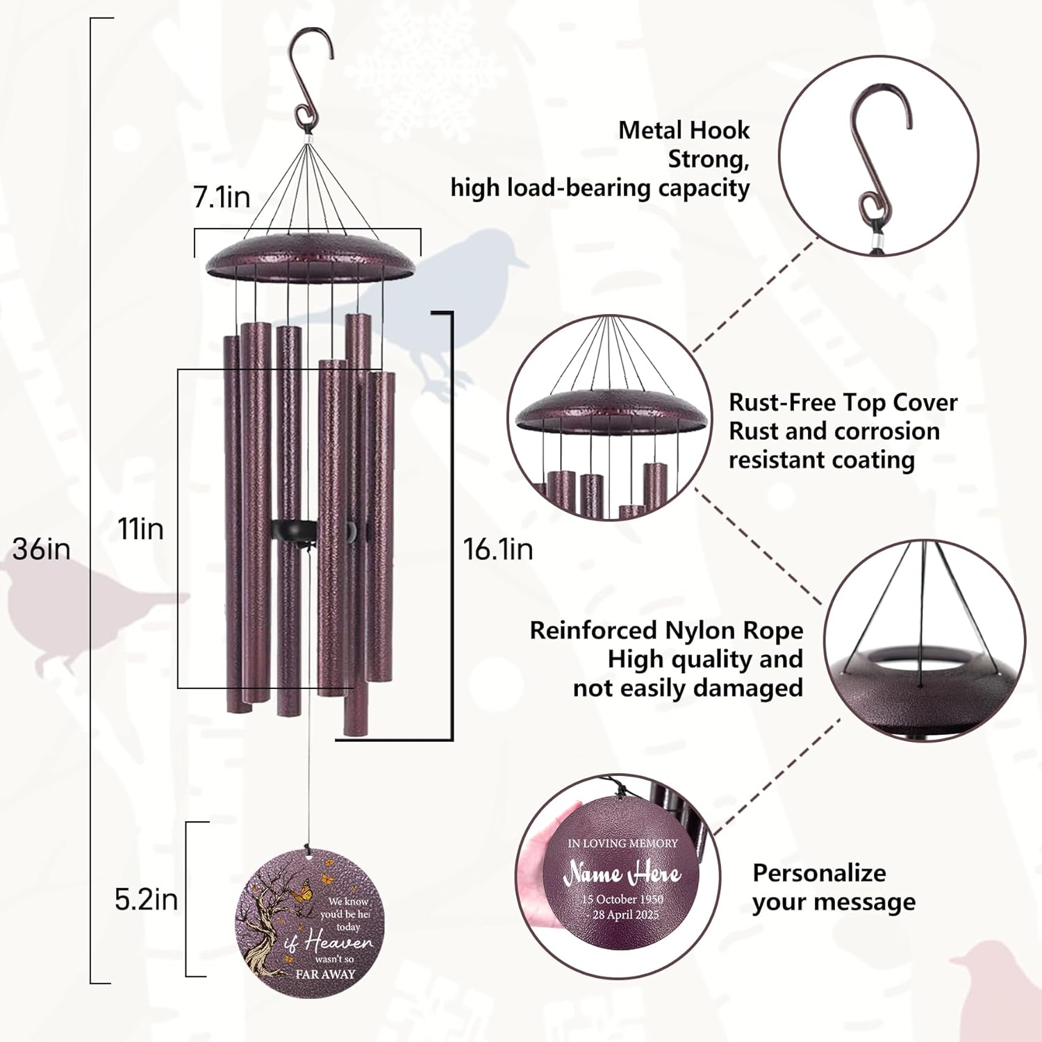 Cardinal Sympathy Wind Chimes Personalized, Windchimes in Memory of a Loved One/Mother, Sympathy