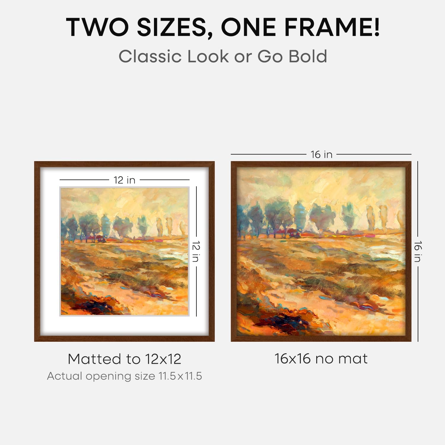 Homeforia 16x16 Brown Picture Frame, High End Dark Oak 16 x 16 Square Wood Frame with Mat 12 x 12