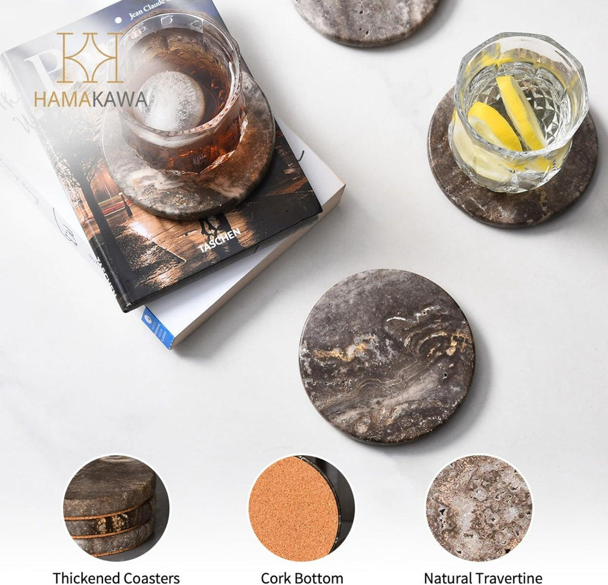 Marble Coasters Set of 4, Natural Gray Stone 4 Inch/10 cm, Modern Round Travertine Drink Coasters