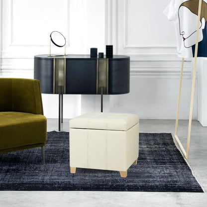 Adeco Faux Leather Storage Ottoman with Hinged Lid, 17.5 Inch High Cream White Square Cube Foot